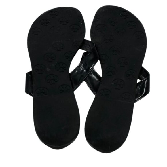 TORY BURCH~Thora~BLACK PATENT LEATHER FLIP FLOP REVA LOGO SANDALS SIZE 10M - Picture 3 of 7